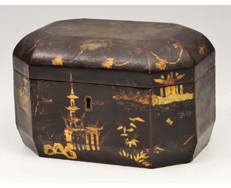 A 19TH CENTURY JAPANESE LACQUERED TWIN SECTION OCTAGONAL TEA CADDY having pewter canisters and gilded decoration