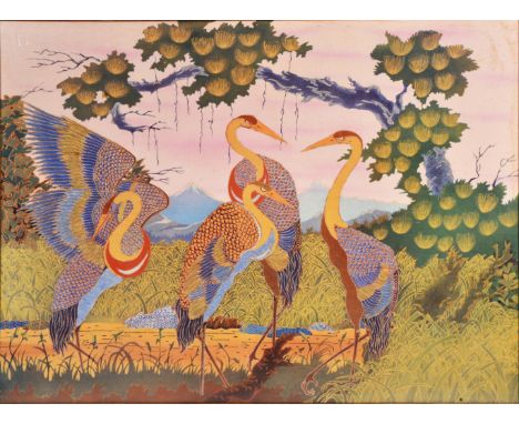 TWO LARGE SCREEN PRINT ON TEXTILE PICTURES, possibly African, each 88.5cm x 118cm (2)