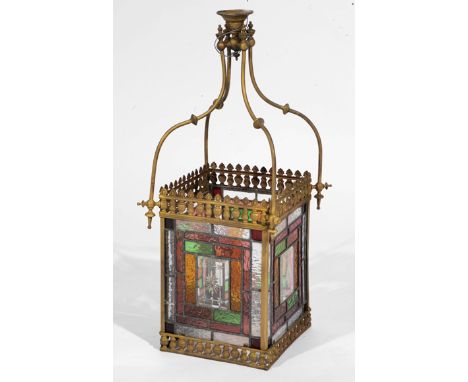A VICTORIAN GILT BRASS HANGING LANTERN square sectioned and set with leaded glass panels 30cm wide x 70cm high 