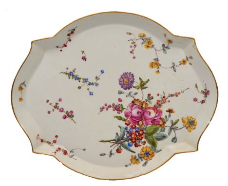 AN EARLY 19TH CENTURY PORCELAIN TRAY with hand painted floral decoration, 32cm wide