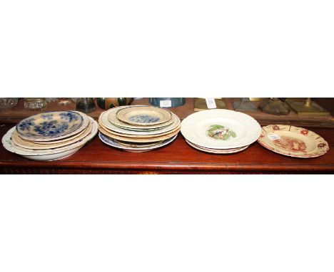 A COLLECTION OF VICTORIAN CHILDRENS MOULDED POTTERY PLATES with coloured enamel decoration to include 'Keep Within Compass', 