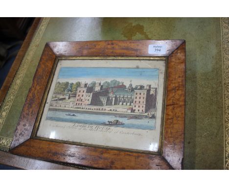 AN 18TH CENTURY HAND COLOURED PRINT depicting Lambeth House, 19.5cm x 26cm, within a maple wood frame