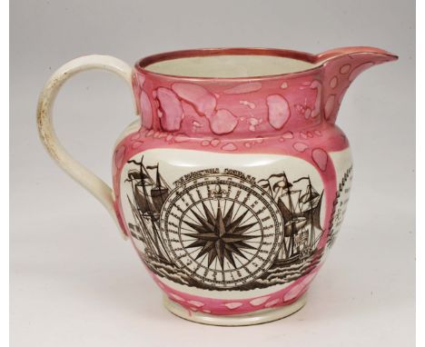 AN EARLY 19TH CENTURY PINK GROUND LUSTER JUG with the 'Mariners Compass and The Sailors Tear' poem in black transfer print, 1