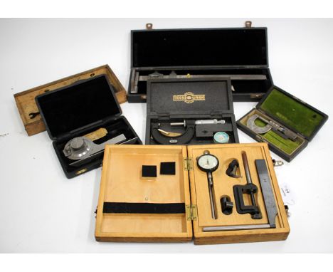 A BATY NUMBER 160 UNIVERSAL DIAL TEST INDICATOR SET with a fitted box, two Moore & Wright micrometers with original boxes, a 