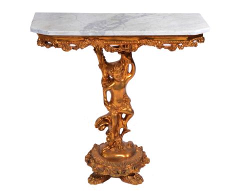 A MARBLE TOPPED GILT CONSOLE TABLE with cherub support, 46.5cm wide