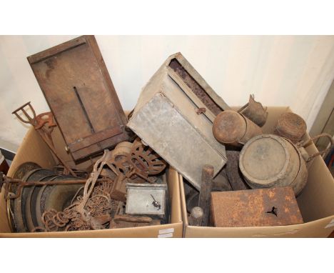 A TWO BOXES OF VARIOUS MISCELLANEOUS 19TH CENTURY AND LATER METALWARE and other items to include two small kegs, three tin ca