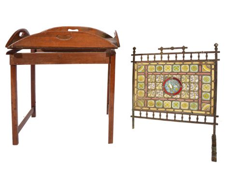 A VICTORIAN OAK OVAL TRAY with hinged side and pierced handles, mounted on an associated stand, 93cm wide overall together wi