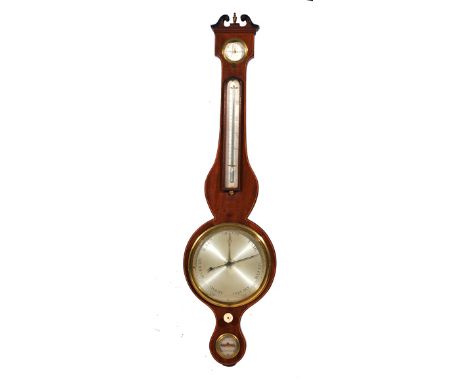 A 19TH CENTURY MAHOGANY CASE DIAL BAROMETER with swan neck pediment and with silvered dials to the hydrometer, thermometer, b