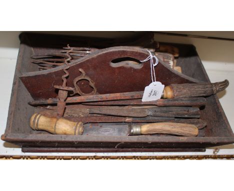 A VICTORIAN CUTLERY TRAY with a quantity of various 19th century forks and knives and an old corkscrew
