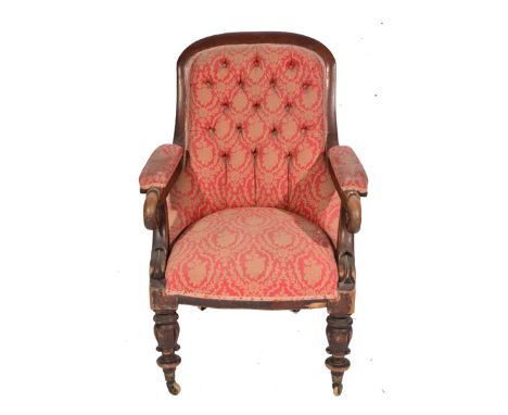 A WILLIAM IV MAHOGANY LIBRARY ARMCHAIR with button upholstered back, overstuffed upholstered open arms with scroll fronts and