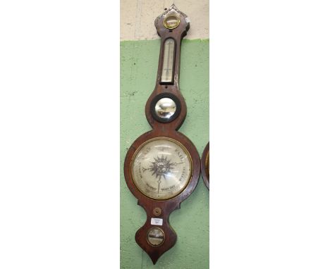 A VICTORIAN ROSEWOOD DIAL BAROMETER with onion top, hydrometer, thermometer, convex mirror, silvered dial and level with pain