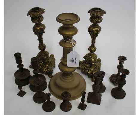 A PAIR OF MINIATURE BRASS TAPER STICK CANDLESTICKS, 11cm high together with further miniature candlesticks, a pair of standar