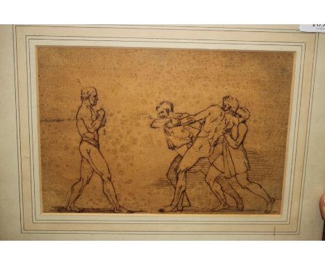18TH/19TH CENTURY ENGLISH SCHOOL, PEN AND INK SKETCH OF FOUR MEN FIGHTING, unsigned, 16.5cm x 24cm