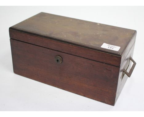 A 19TH CENTURY MAHOGANY CAMPAIGN TYPE TEA CADDY with inset handles to the side and Bramah lock, the interior with single teab