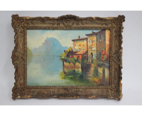 ITALIAN SCHOOL Buildings by the side of a lake with mountains beyond, signed Gattell, oil on panel, 23.5cm x 34cm, together w