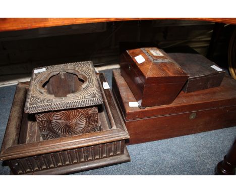 A 19TH CENTURY MAHOGANY WRITING BOX, a walnut sarcophagus form tea caddy, a painting box and two further open topped jardiniè