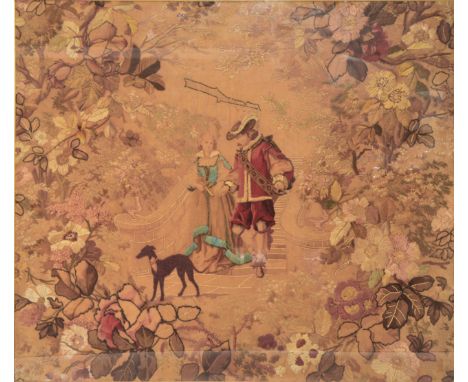 A 19TH CENTURY NEEDLEWORK SAMPLER of a gentleman and lady in period costume walking through a garden decorated with many diff