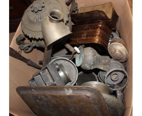 A COLLECTION OF VARIOUS PEWTER AND OTHER METALWARE to include a tea urn, coffee pot, a tray, an inkwell, a students lamp, tan