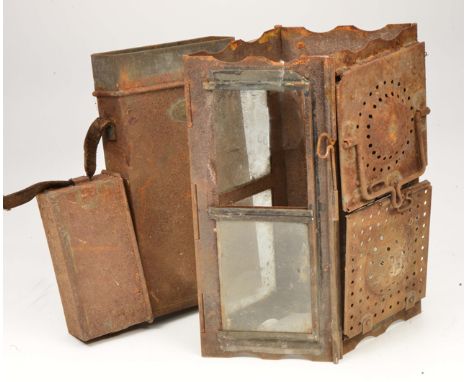 A 1916 FOLDING TIN TRENCH CANDLE LANTERN with original case and brass makers labels