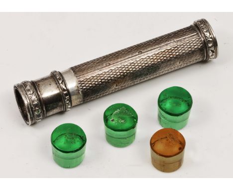 A 19TH CENTURY WHITE METAL SEAL OF CYLINDRICAL FORM with engine turned decoration to the case opening to reveal four intercha