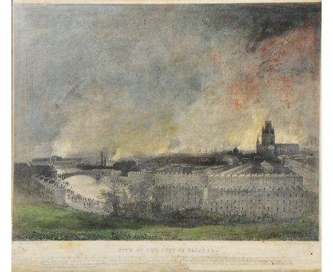 A HAND COLOURED PRINT DEPICTING A VIEW OF THE CITY OF BRISTOL in 1831 after L Haghe and engraved by Thomas Rowbotham and set 