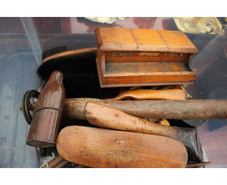 AN OLD CORKING TOOL together with another similar, various brushes, hand mirrors etc