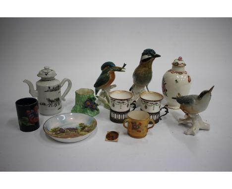 A SMALL QUANTITY OF VARIOUS CERAMICS to include a William Moorecroft cylindrical blue ground vase, 6.5cm high with paper labe