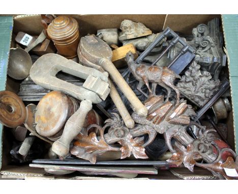 A BOX OF VARIOUS MISCELLANEOUS TREEN to include a cuckoo clock pediment, a carved oak bracket, a turned salt box etc