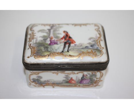 A 19TH CENTURY CONTINENTAL PORCELAIN SNUFF BOX decorated in moulded rockii decoration, highlighted in gilt with handpainted s
