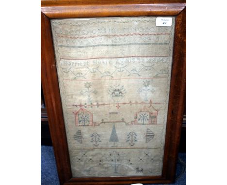 A 19TH CENTURY SAMPLER BY HARRIET HOARE, ages 8 years, 1845 within a maplewood frame, 54cm x 30cm