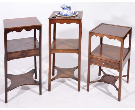 A GEORGIAN MAHOGANY SQUARE WASH STAND with undertiers together with a small blue and white wash jug and basin 30.5cm wide and