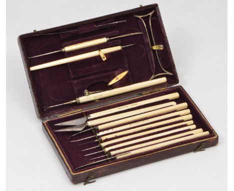 A PART SET OF MILLIKIN LONDON IVORY HANDLED SURGICAL OR MEDICAL TOOLS together with Weiss of London scalpel together with a q
