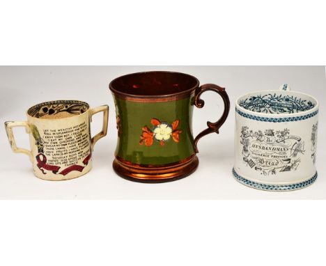 AN EARLY TO MID 19TH CENTURY POTTERY TANKARD decorated in black transfer print 'God Speed the Plough, The Husbands Diligence 