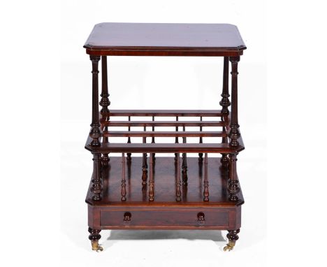 A VICTORIAN MAHOGANY CANTERBURY OCCASIONAL TABLE with rectangular top and turned column supports and a canterbury base with a