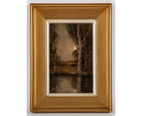 ANDREW REID (BRITISH 20TH CENTURY),
HARVEST MOON
oil on panel, label verso
25cm x 16cm 
Framed