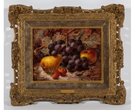 OLIVER CLARE (BRITISH 1853 - 1927),
STILL LIFE WITH GRAPES, STRAWBERRIES, AN APPLE AND A PEAR 
oil on panel, signed
17cm x 22