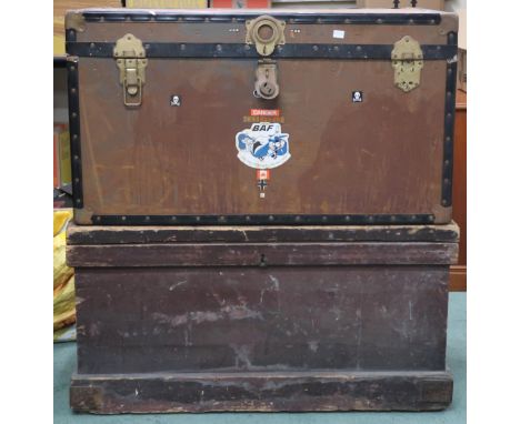 A lot comprising an early 20th century pine chest, 49cm high x 95cm wide x 53cm deep and a metal bound travel trunk, 51cm hig