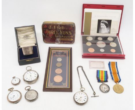 A mixed lot comprising a WW1 Victory and British War Medal pair awarded to 49084 Pte. W.M. Scholes, The Queen's Regiment; lar