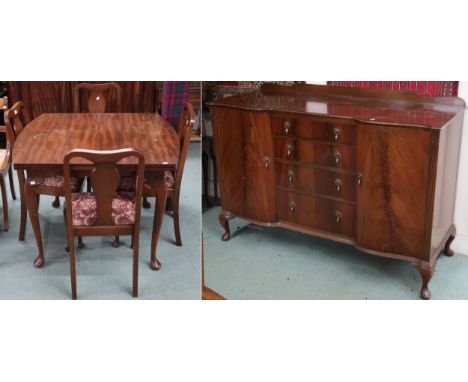 A 20th century mahogany dining suite comprising serpentine front sideboard, 97cm high x 140cm wide x 54cm deep, mahogany exte