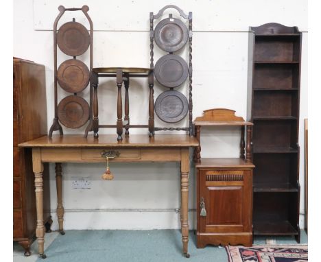 A 20th century oak single drawer hall table, mahogany bedside table, oak narrow bookcase, two assorted folding cake stands an