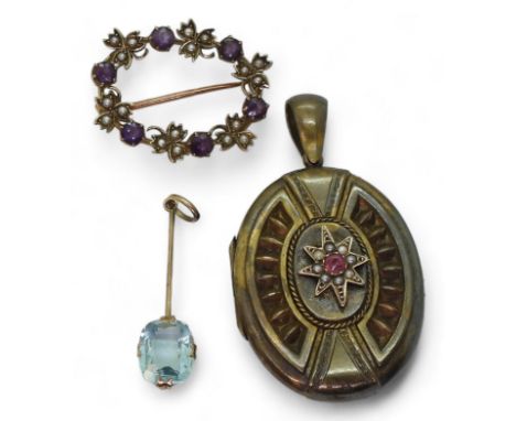 A yellow metal gem and pearl set locket, a 9ct blue gem pendant, and an amethyst and pearl 9ct brooch, weight together 12.7gm