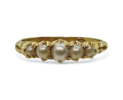 A bright yellow metal split pearl ring, size J1/2, weight 2gms Condition Report:Available upon request