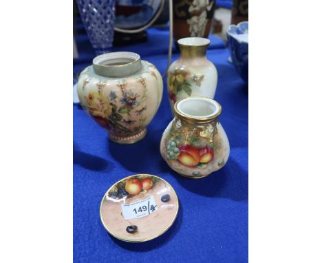 A Royal Worcester fruit painted vase, a fruit painted saucer signed Roberts, a vase painted with roses and another vase decor