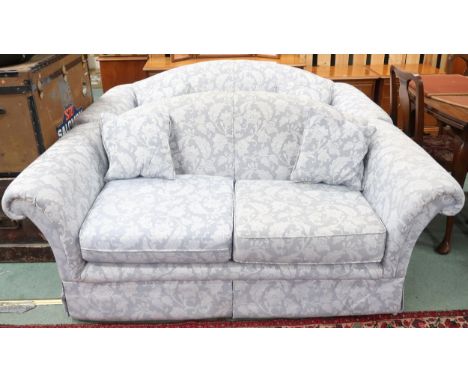 A pair of contemporary light blue Damask upholstered humpback two seater settees, 80cm high x 180cm wide x 90cm deep (2) Cond