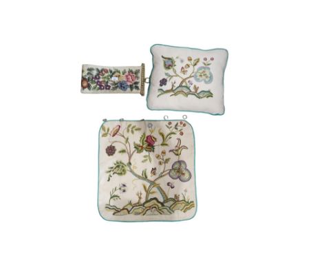 A crewel work cushion and matching wall hanging together with an embroidered tapestry panel Condition Report:Available upon r
