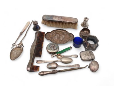 A collection of silver including a dish decorated with Reynold's Angels, London 1898, silver tea spoons, a pill box, vesta, p