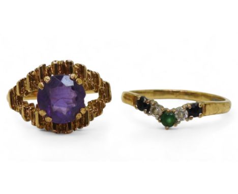 A 9ct gold retro amethyst ring, size L1/2, together with a sapphire, emerald and clear gem set 'V' shaped ring, size L1/2, we