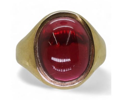 A red glass set 9ct gold signet ring, size approx N1/2, weight 6.4gms Condition Report:Available upon request