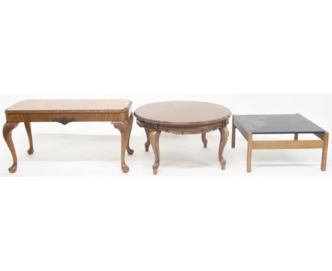 A lot comprising a 20th century burr walnut veneered coffee table, another circular coffee table and a mid 20th century teak 