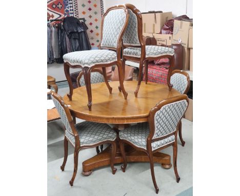 A 20th century reproduction oak and burl maple circular topped breakfast table on tripod base, 74cm high x 121cm diameter and